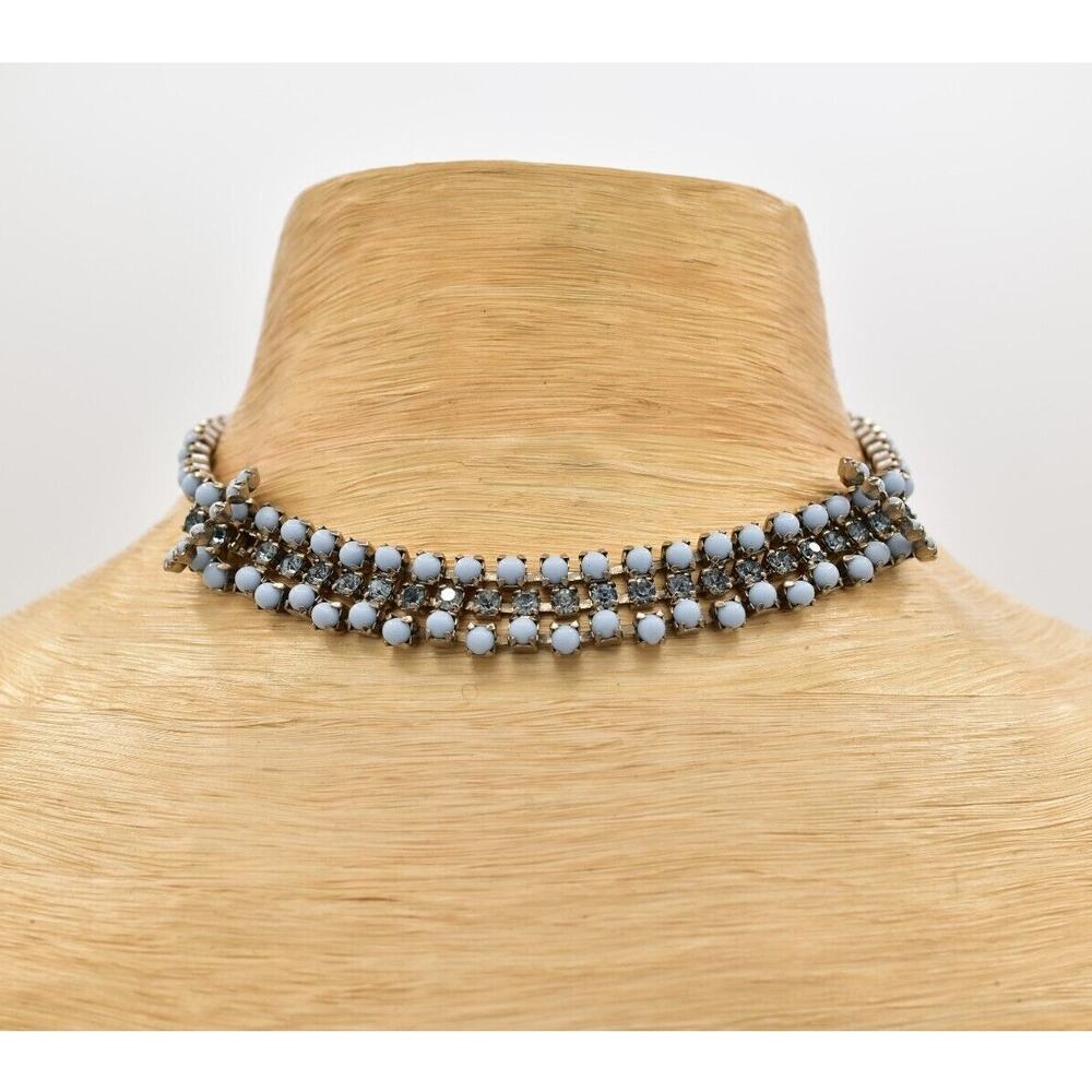 Vintage Light Blue Milk Glass Bead Double Row Rhinestone Choker Necklace